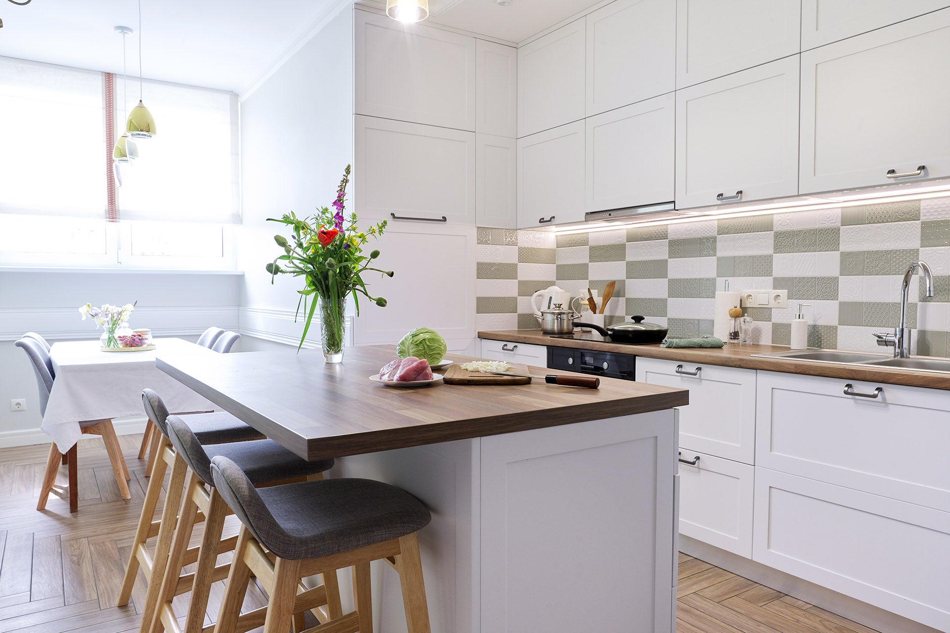 Black bar stools in modern kitchen
