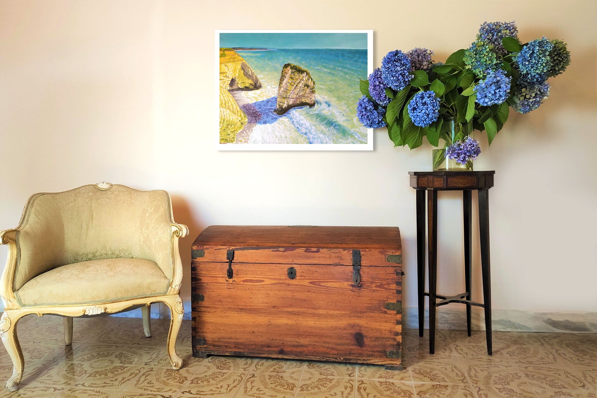 Wooden blanket storage box with chair and wall art