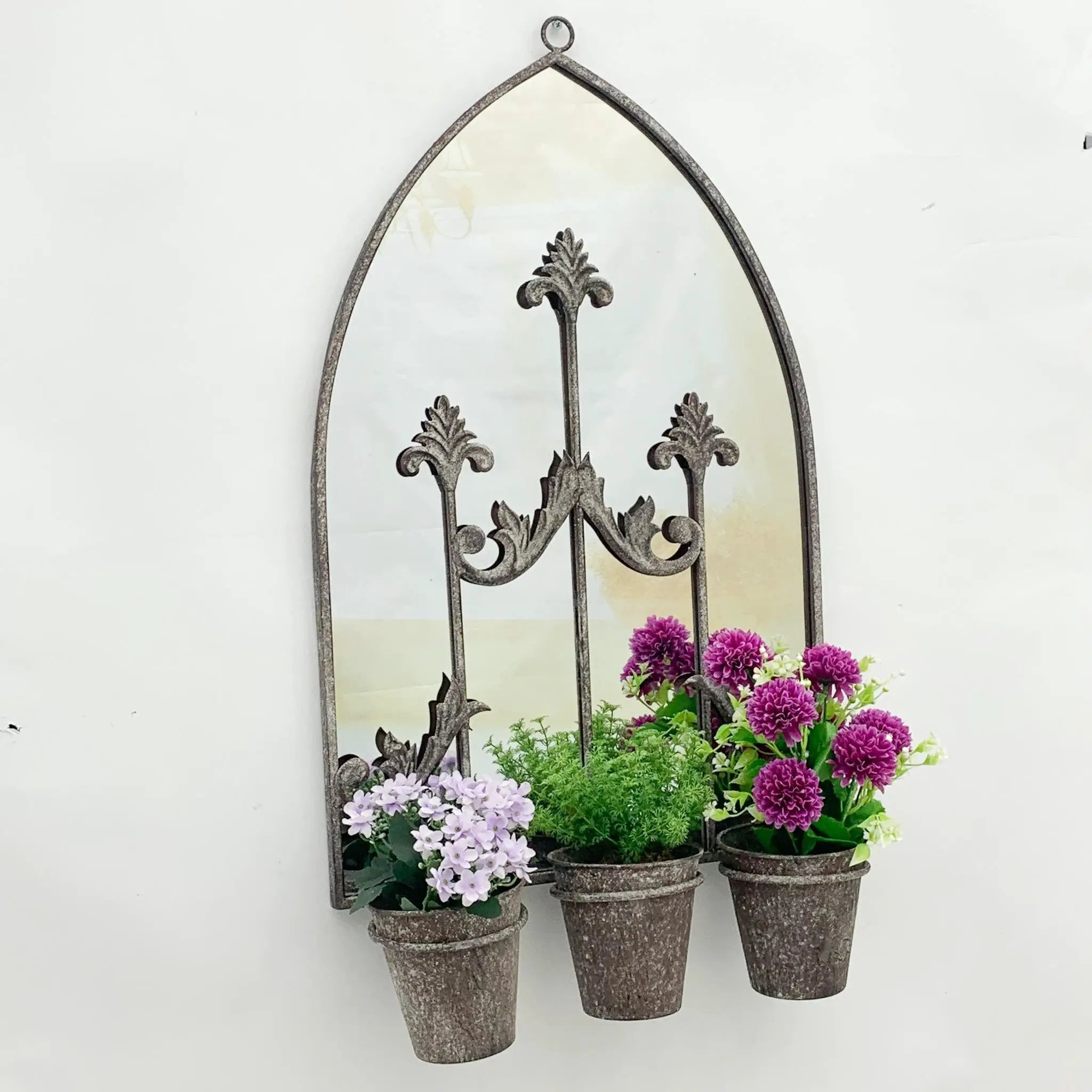 MSL RUSTY WALL MIRROR WITH TRIPLE PLANTER L15 x W45 x H78 cm - Dark Grey - Planters