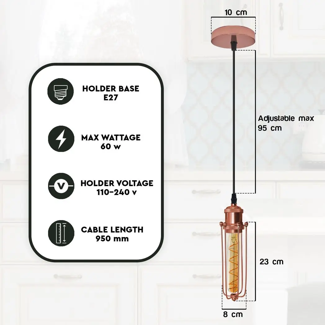 LEDSONE Single Rose Gold Ceiling E27 Pendant Light with Wire Cage, Industrial Vintage Hanging Lamp Fixture - Pendant Lights