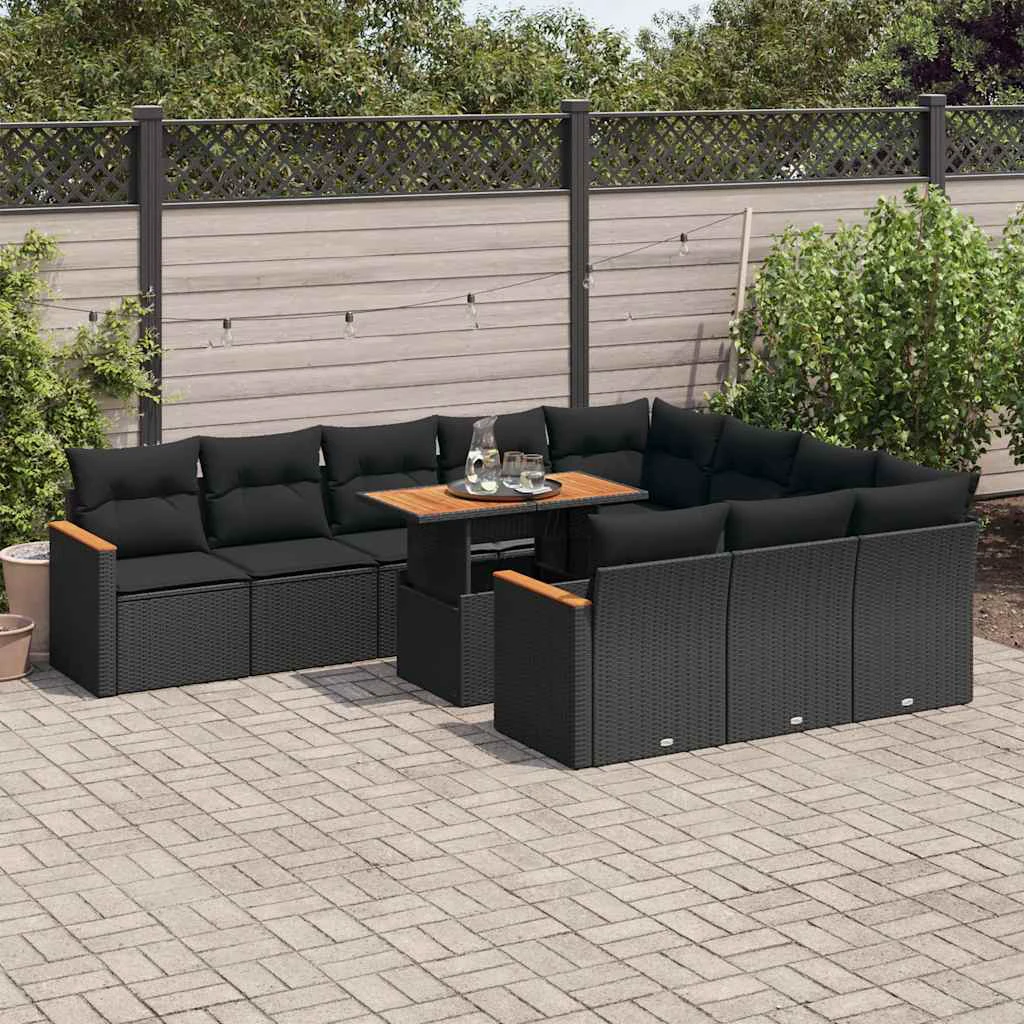 vidaXL vidaXL 11 Piece Garden Sofa Set with Cushions Black Poly Rattan Acacia - Garden Sofa Sets