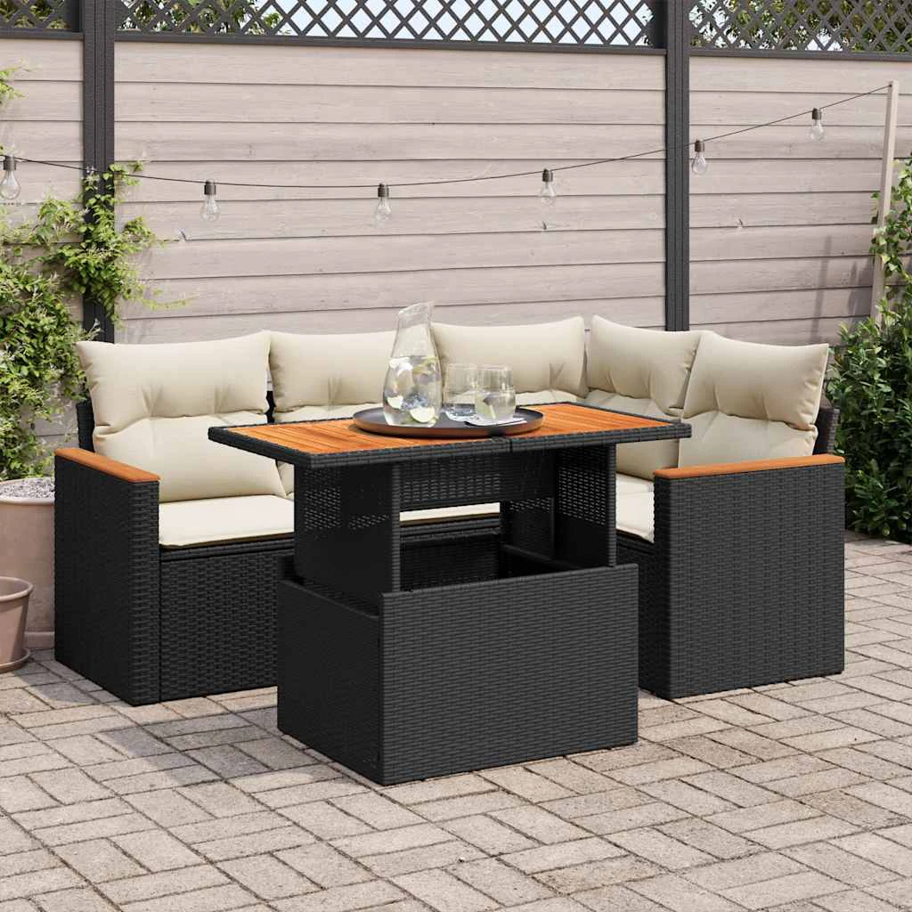 vidaXL 5 Piece Garden Sofa Set with Cushions Black Poly Rattan Acacia by vidaXL
