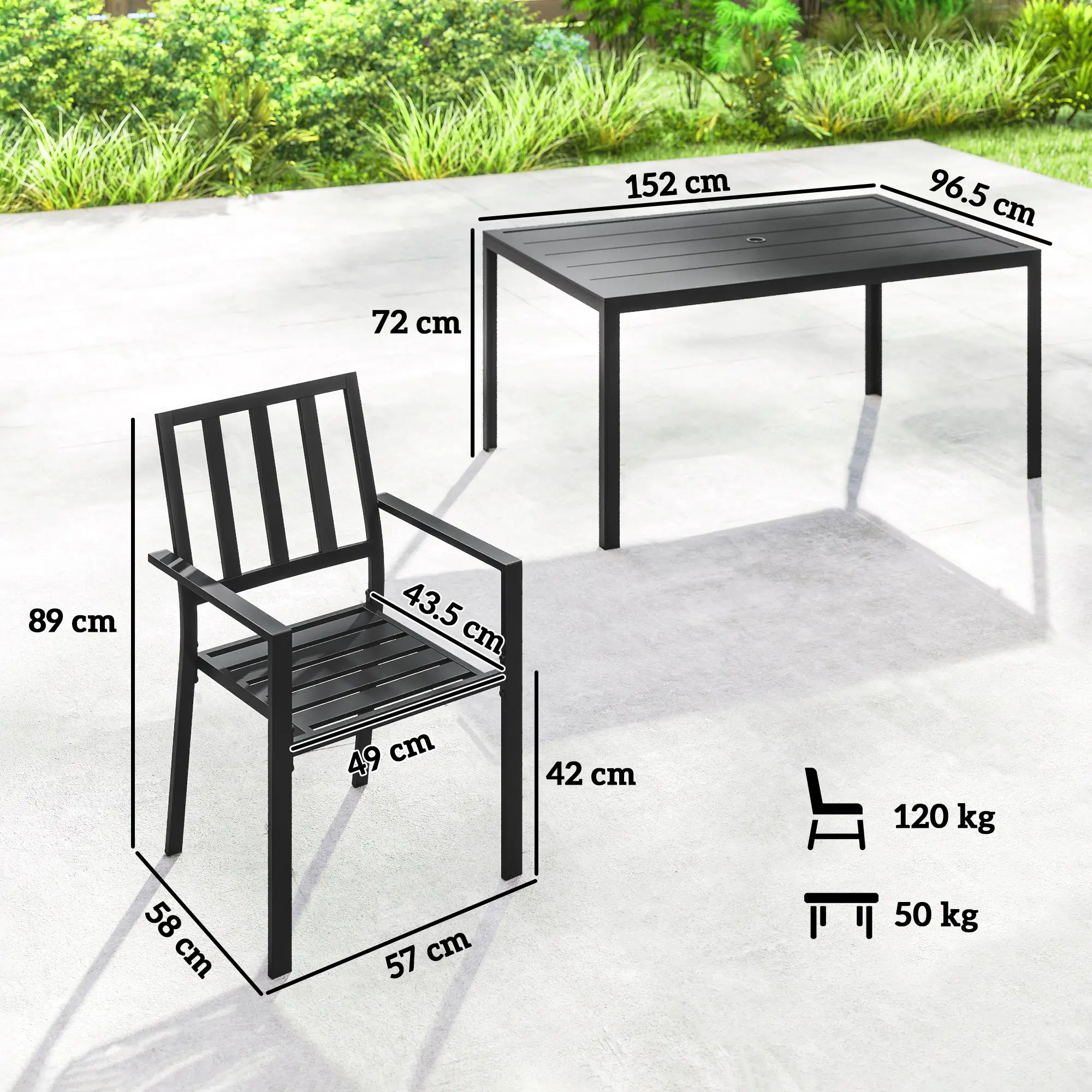 Outsunny Outsunny 7 PCs Garden Dining Set w/ Stackable Chairs and Metal Top Table, Black - Garden Set