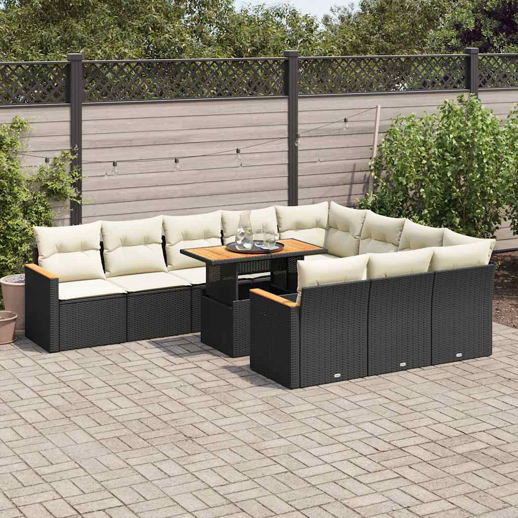 vidaXL 11 Piece Garden Sofa Set with Cushions Black Poly Rattan Acacia by vidaXL