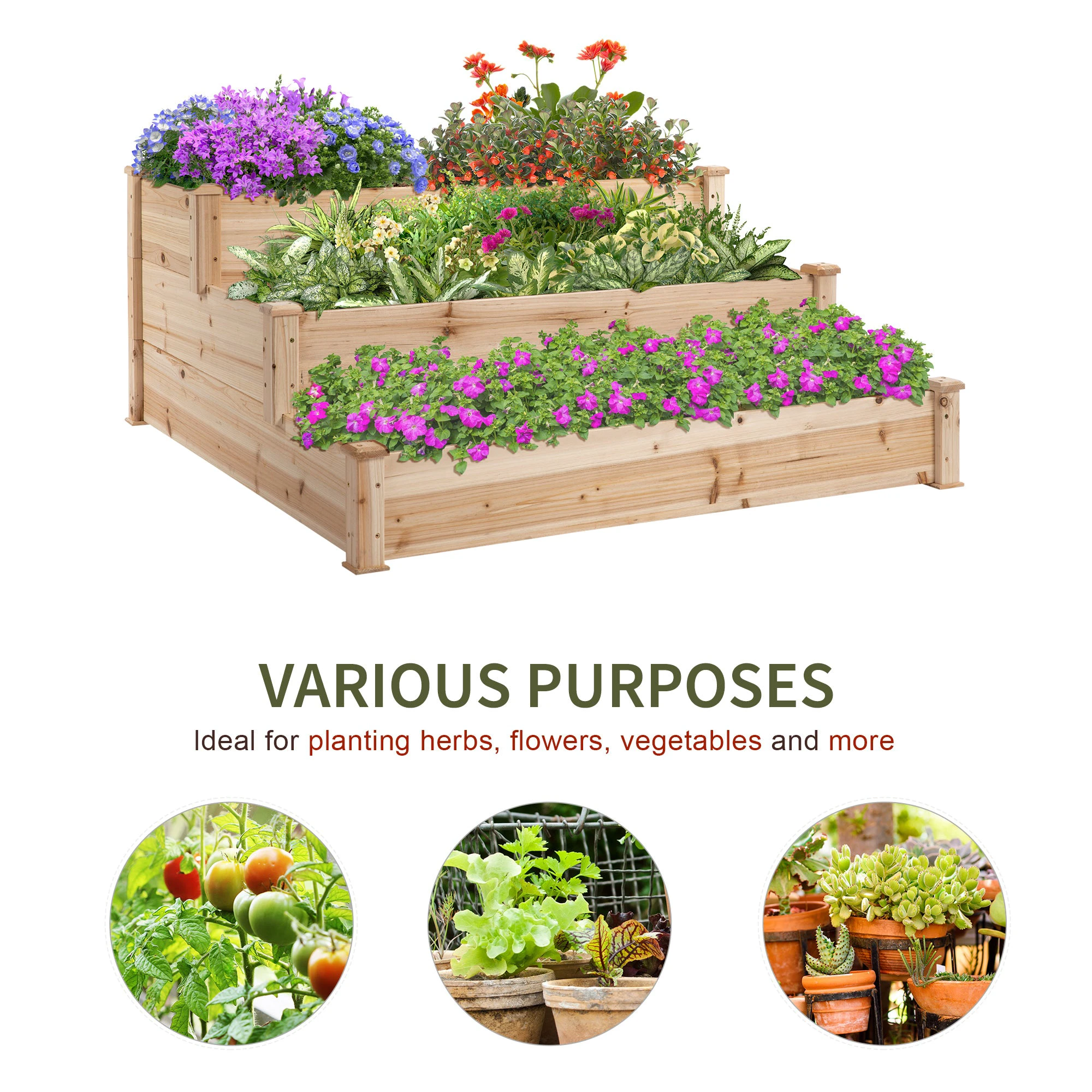 Outsunny Premium Raised Bed Planter 124x124x56cm Three Tier Garden - Planters