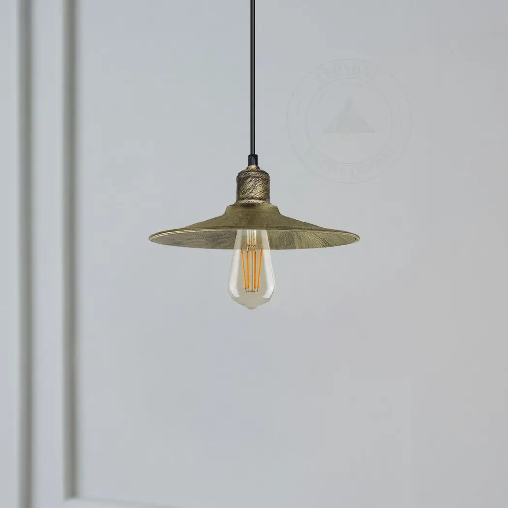 LEDSONE Vintage Industrial Brushed Brass Ceiling Pendant Light Adjustable Cord E27 Base Hand Brushed Finished Flat Cone Shaped - Pendant Lights