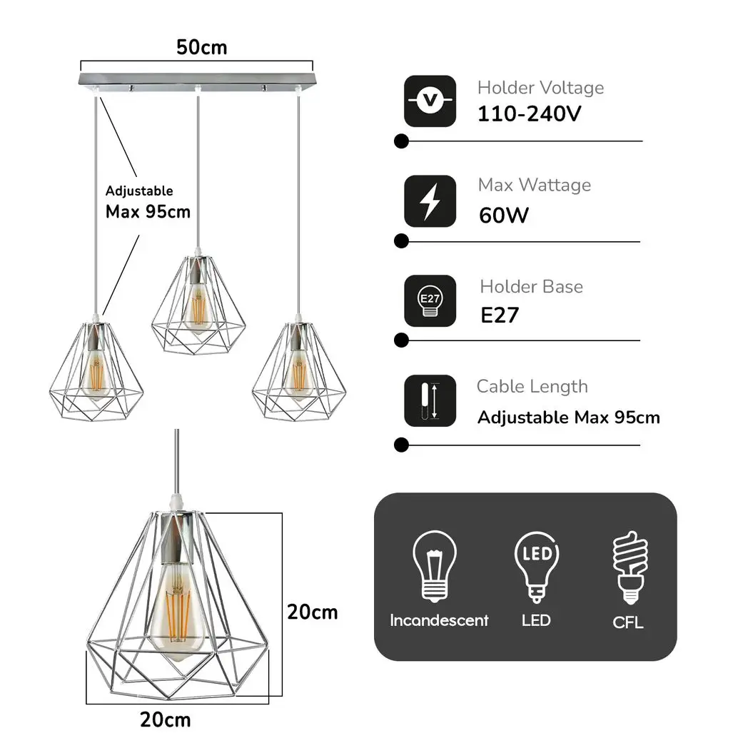 LEDSONE 3 Head Rectangle Base Chrome Vintage Metal 20cm Diamond Wire Cage E27 Base Ceiling Pendant Light - Pendant Lights