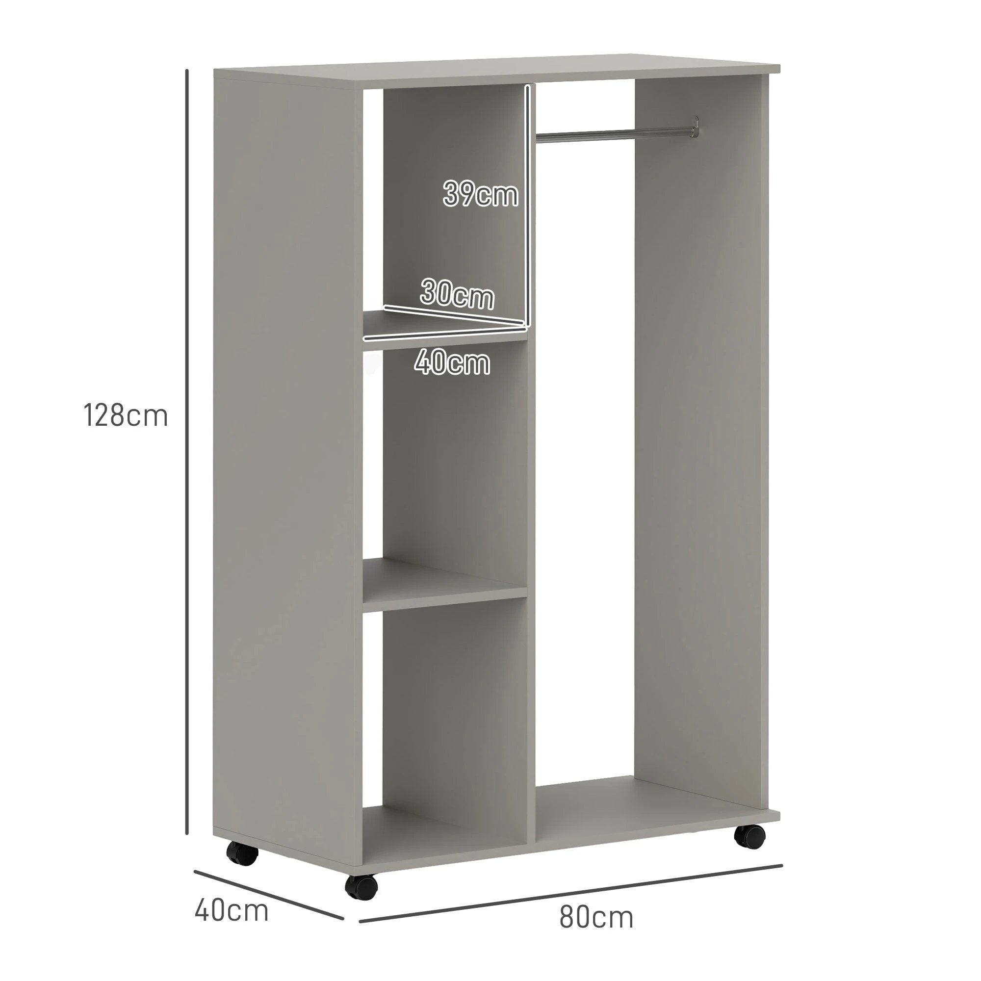 HOMCOM Rolling Open Wardrobe Hanging Rail Storage Shelves for Clothes, Grey by HOMCOM