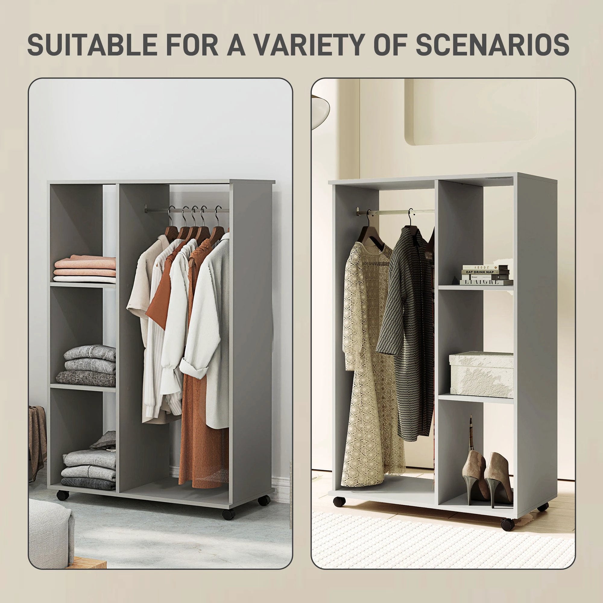 HOMCOM Rolling Open Wardrobe Hanging Rail Storage Shelves for Clothes, Grey by HOMCOM