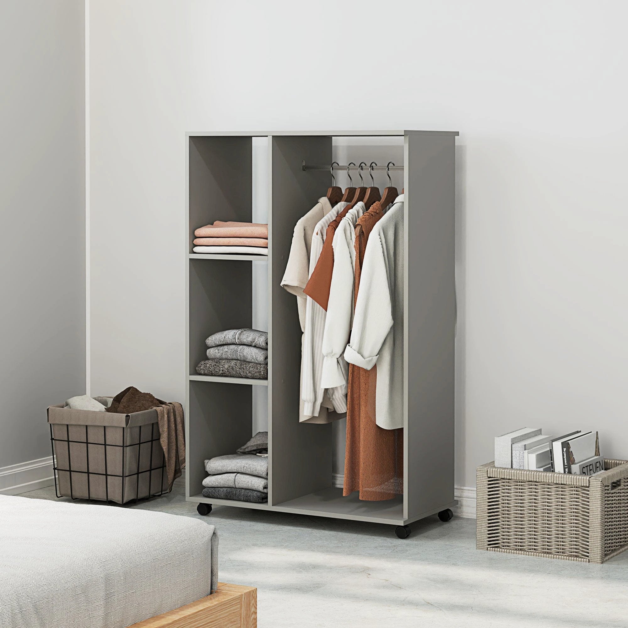 HOMCOM Rolling Open Wardrobe Hanging Rail Storage Shelves for Clothes, Grey by HOMCOM