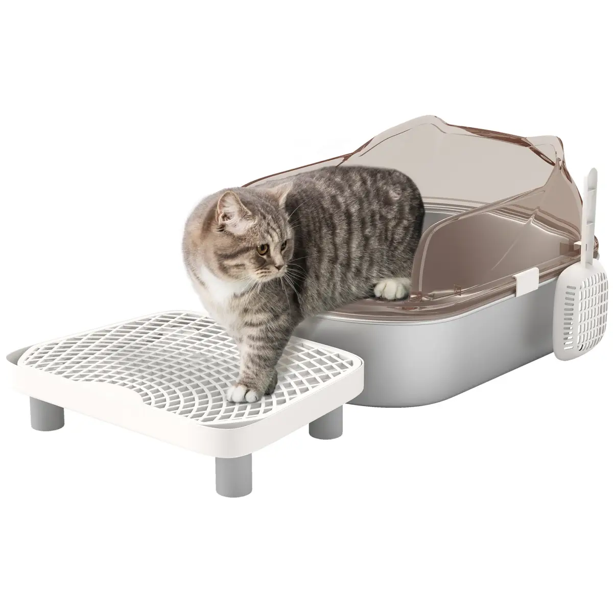 PawHut Stainless Steel Litter Box, Cat Litter Tray w/ Lid, Pedal, Scoop - Cat Litter