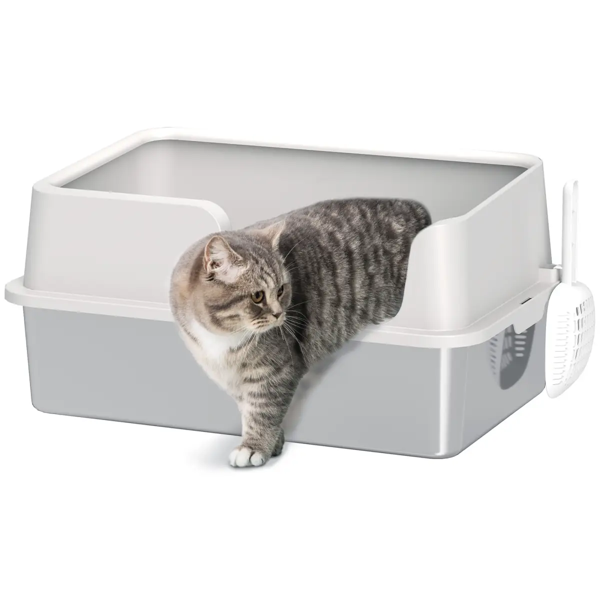 PawHut Stainless Steel Litter Box, High Sided Metal Cat Litter Tray w/ Scoop - Cat Litter