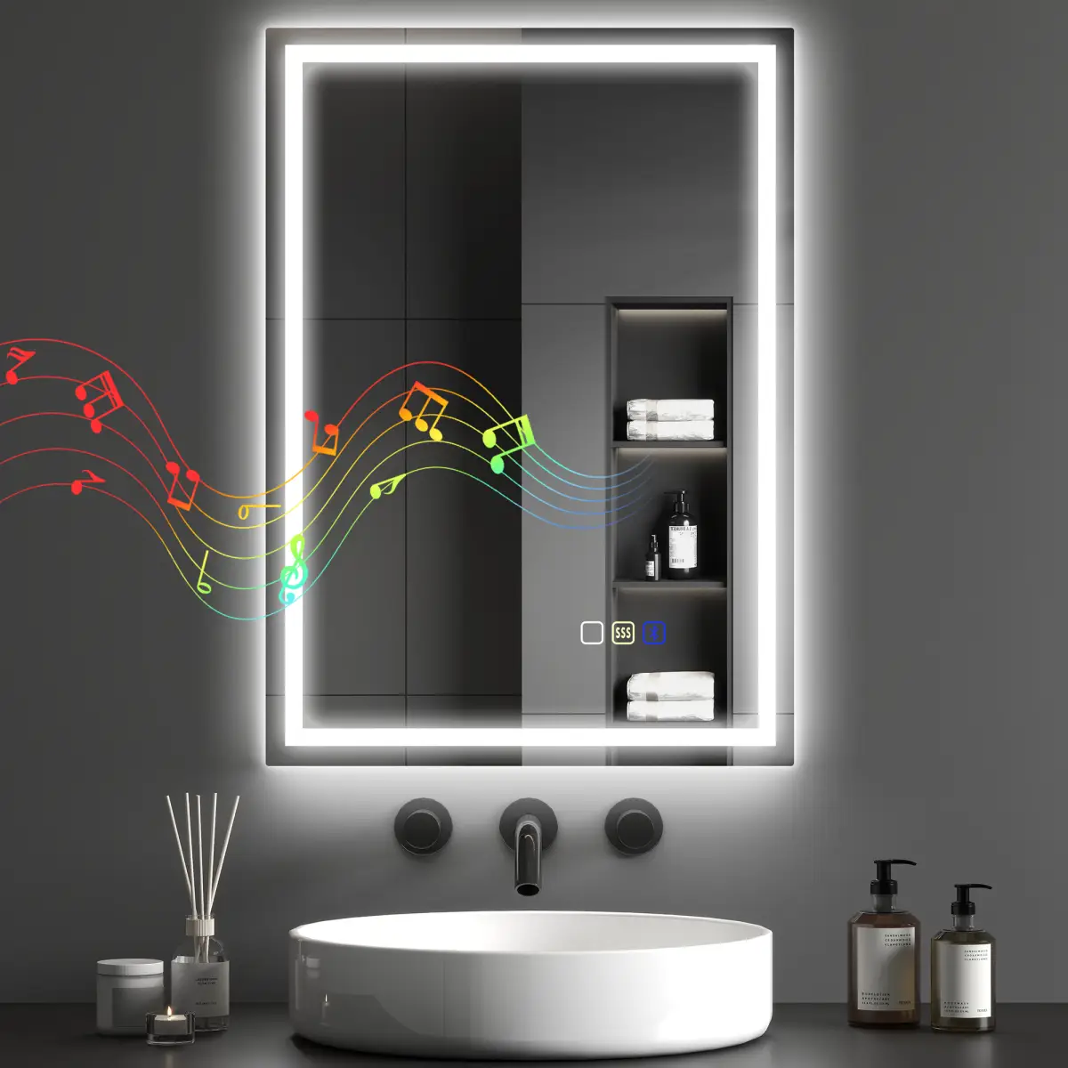 HOMCOM HOMCOM 500 x 700 mm Bathroom Mirror with Bluetooth Clock Lights Demister Pad - Clock
