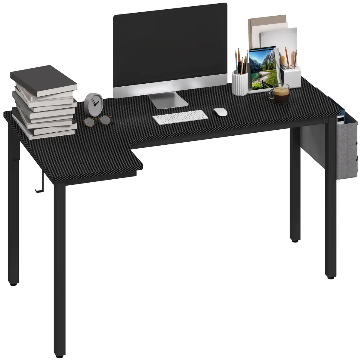 HOMCOM HOMCOM L-Shaped Corner Desk Computer with Fabric Bag and Hooks, Black - Desk