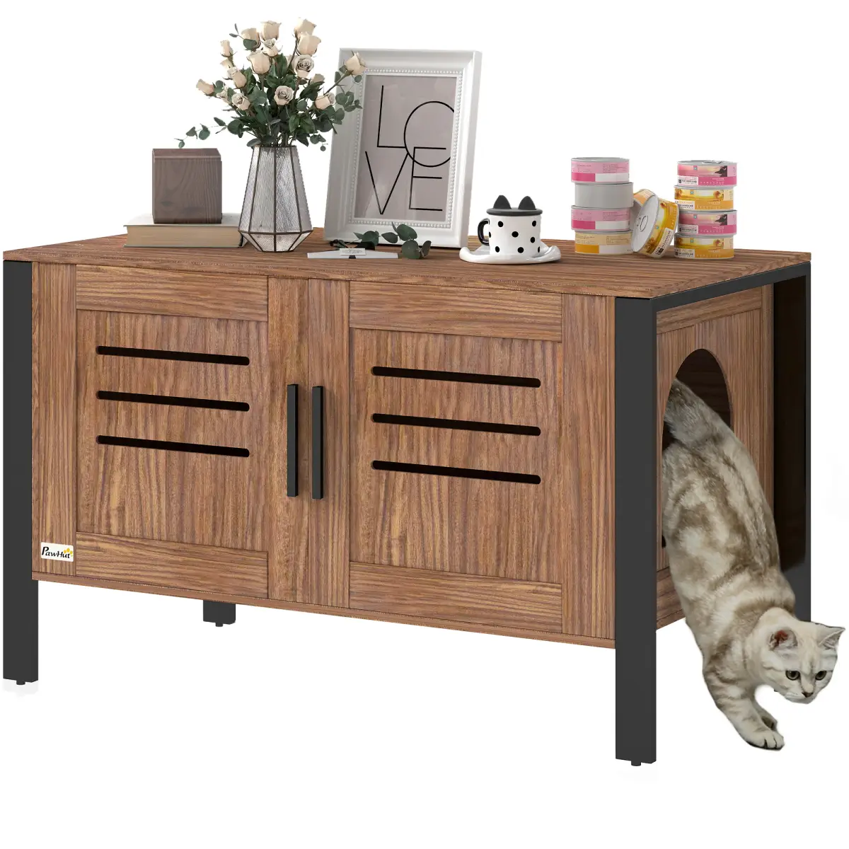 PawHut Cat Litter Box Enclosure w/ Tall Legs, Scratching Board, Dark Brown - Cat Litter