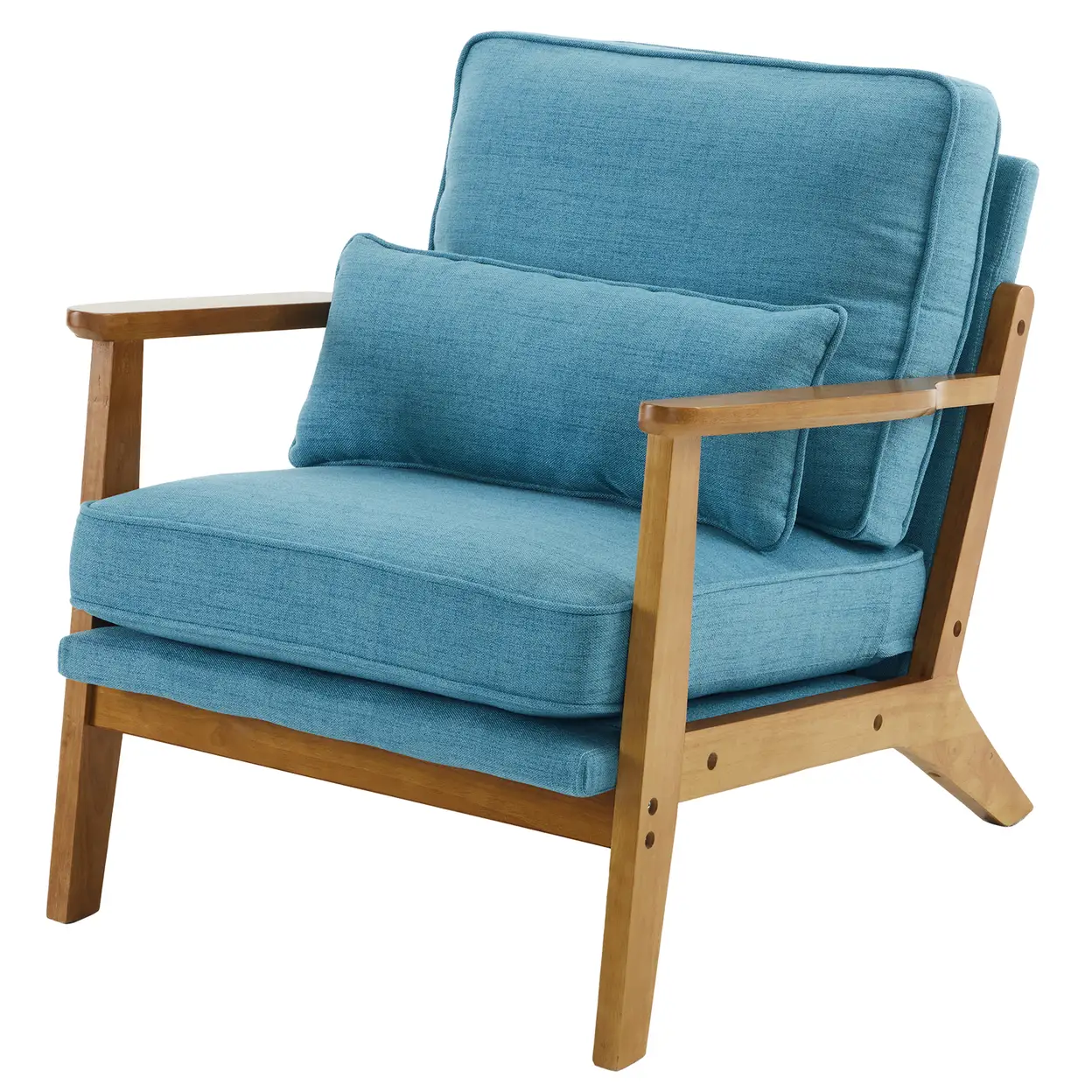N/A Mid-Century Oak Accent Chair - Linen-Cotton Navy Blue Upholstered Single Lounge Chair, Indoor Armchair with Sturdy Wood Frame (330LBS Weight Capacity) - Accent Chair