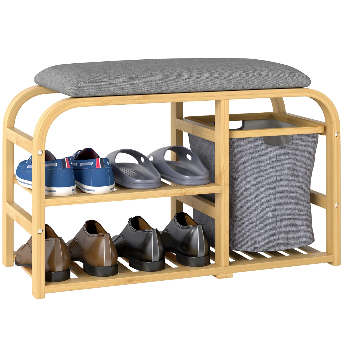 HOMCOM HOMCOM Bamboo Shoe Rack Bench With Padded Top And Pull Out Storage Basket Holds Four Pairs Natural Wood Finish Hallway - Shoe Storage