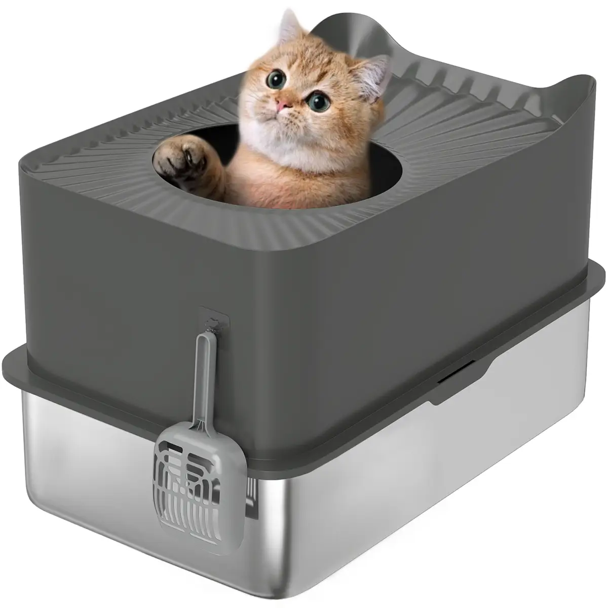 PawHut Stainless Steel Cat Litter Box, Enclosed Metal Litter Tray, Dark Grey - Cat Litter