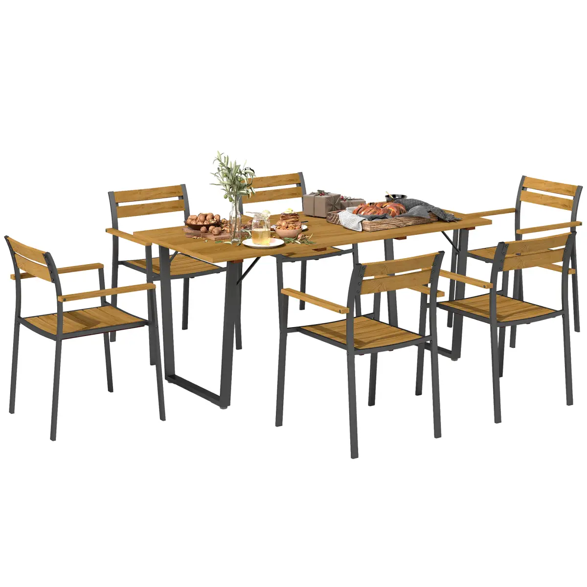 Outsunny Outsunny 7 Piece Garden Dining Set with Table and 6 Stackable Chairs, Brown - Garden Set