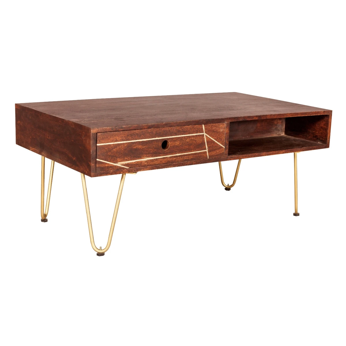 Indian Hub Premium Coffee Table 48In L 24In W 16In H With Drawer Gold Hairpin Legs Living Room - Coffee Table