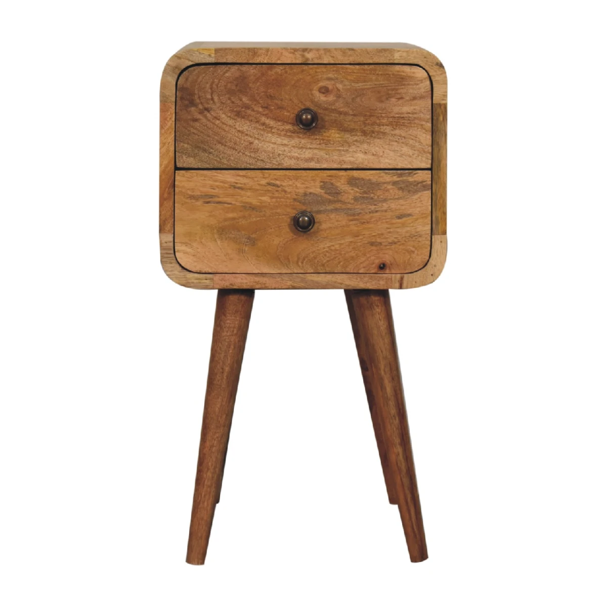 Artisan Furniture Artisan Nightstand Mini Solid Mango Wood Oak Finish Curved Edges Two Drawer Bedroom Decor for Small Spaces - Bedside Table