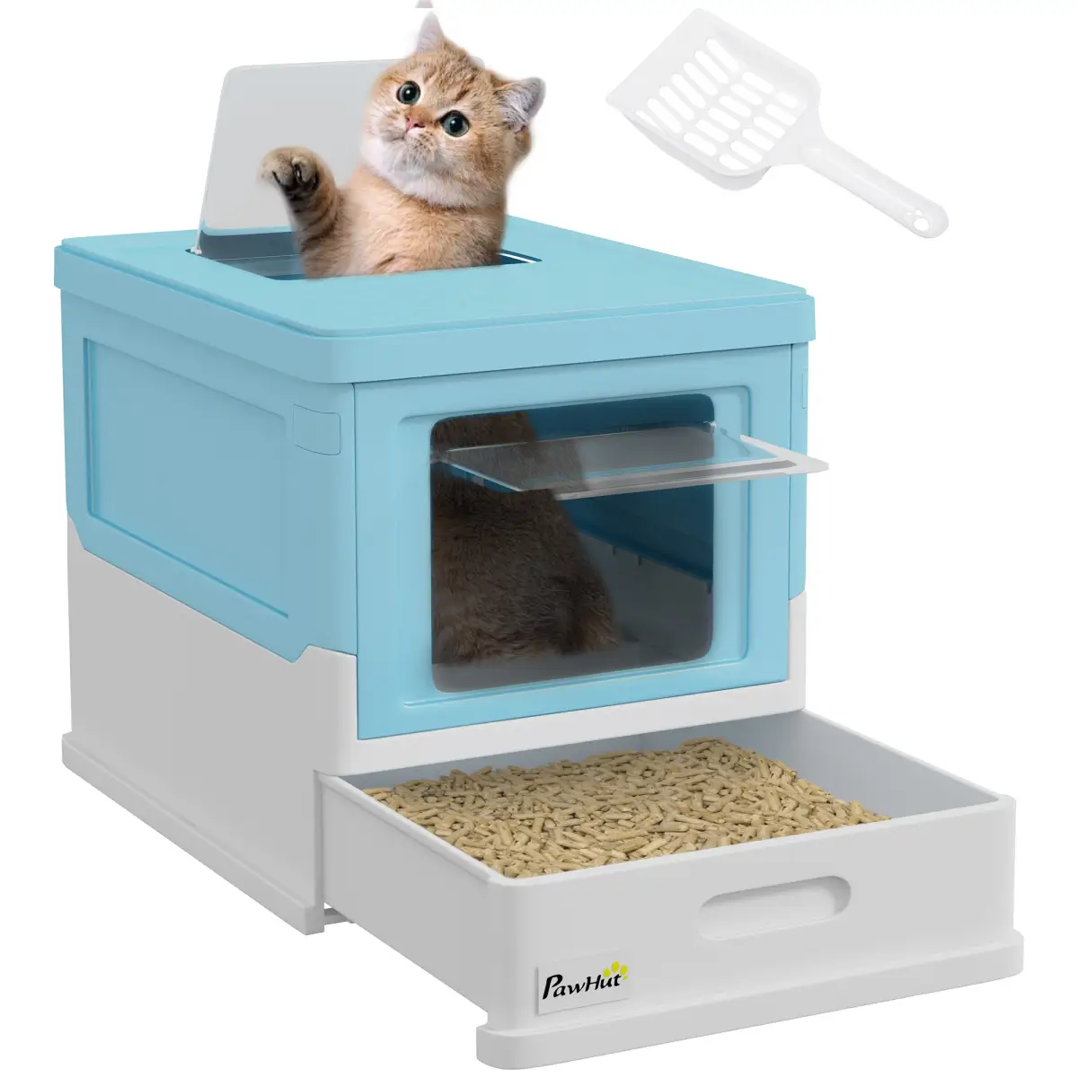 PawHut Hooded Cat Litter Box, Pet Toilet w/ Scoop, Tray - Light Blue - Cat Litter