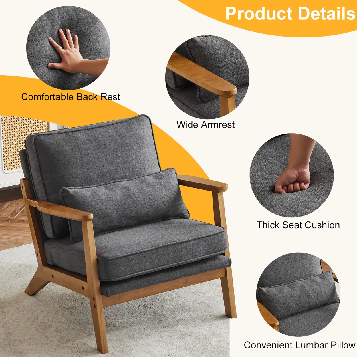 N/A Mid-Century Oak Accent Chair - Linen-Cotton Dark Gray Upholstered Single Lounge Chair, Indoor Armchair with Sturdy Wood Frame (330LBS Weight Capacity) - Accent Chair