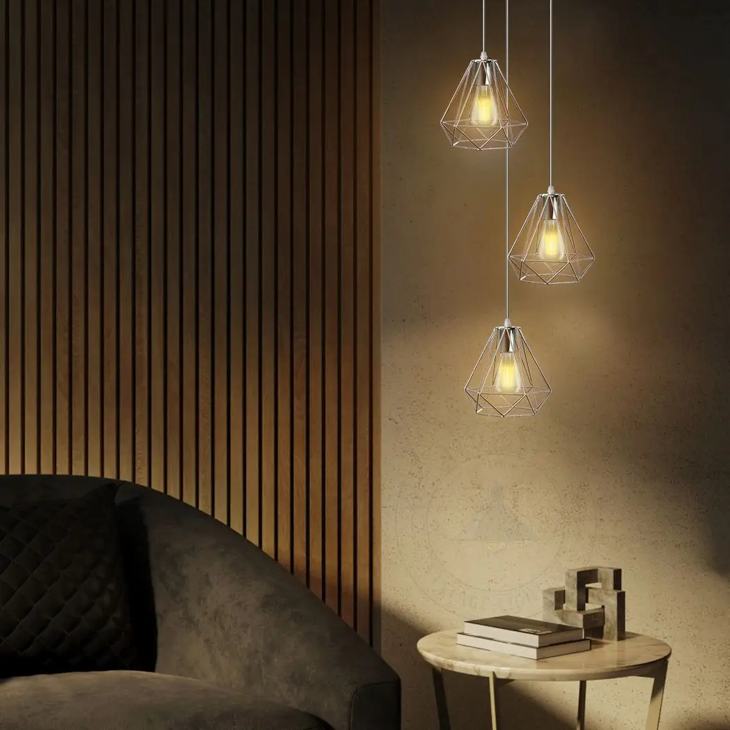 LEDSONE 3 Head Round Base Chrome Vintage Metal 20cm Diamond Wire Cage E27 Base Ceiling Pendant Light Fitting - Pendant Lights