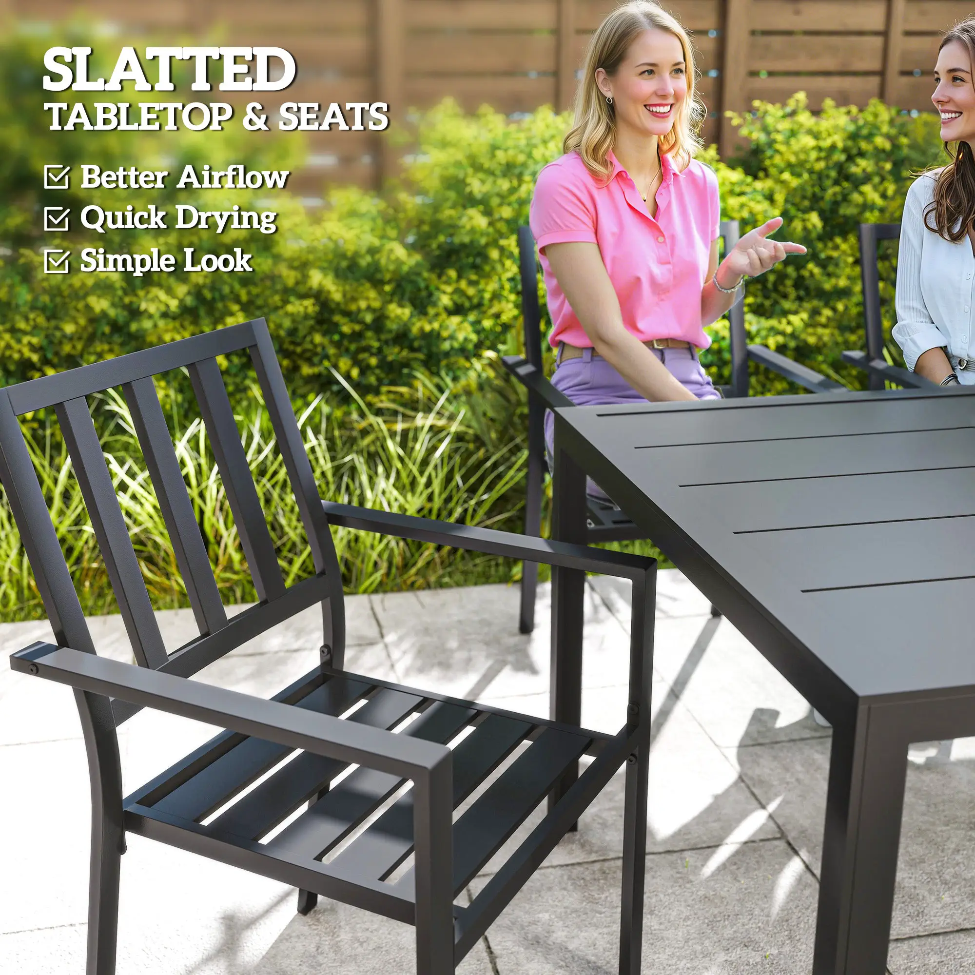 Outsunny Outsunny 7 PCs Garden Dining Set w/ Stackable Chairs and Metal Top Table, Black - Garden Set
