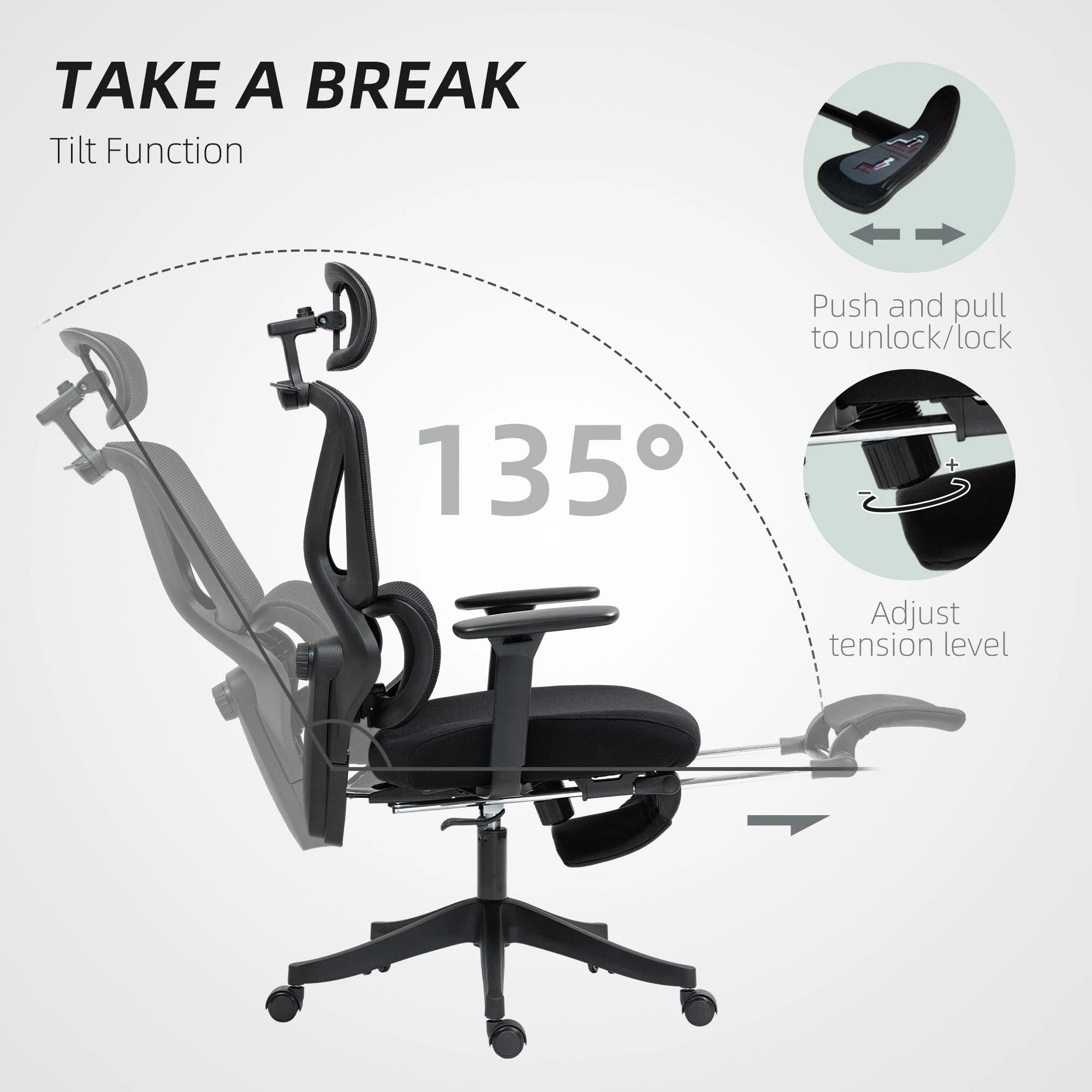 HOMCOM Ergonomic Office Chair, Recliner Computer Chair with Footrest, Black - Office Chair