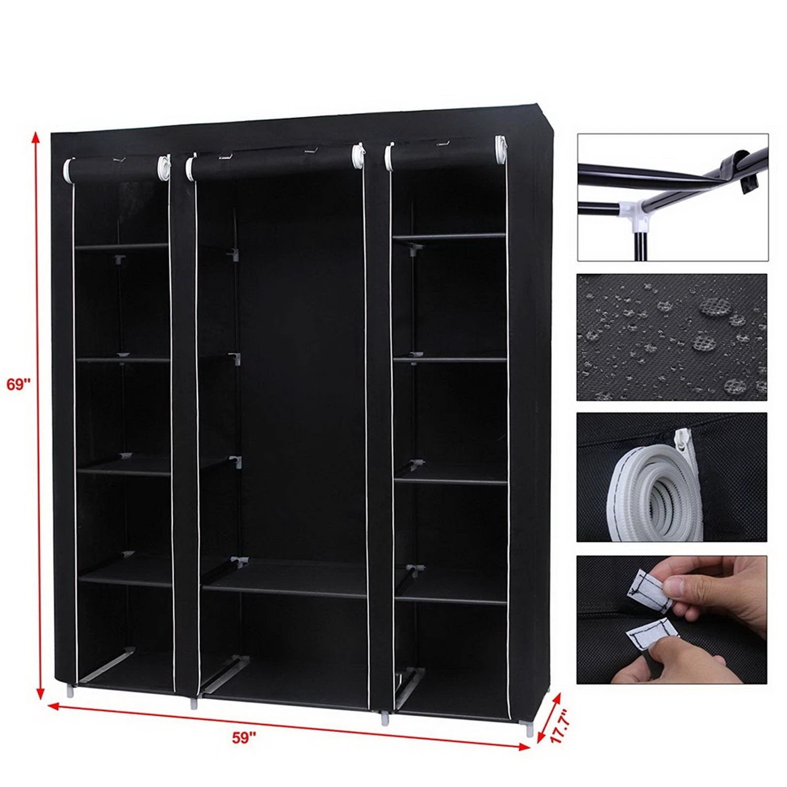 69" Portable Clothes Closet Wardrobe Storage Organizer with Non-Woven Fabric Quick and Easy to Assemble Extra Strong and Durable Black by N/A