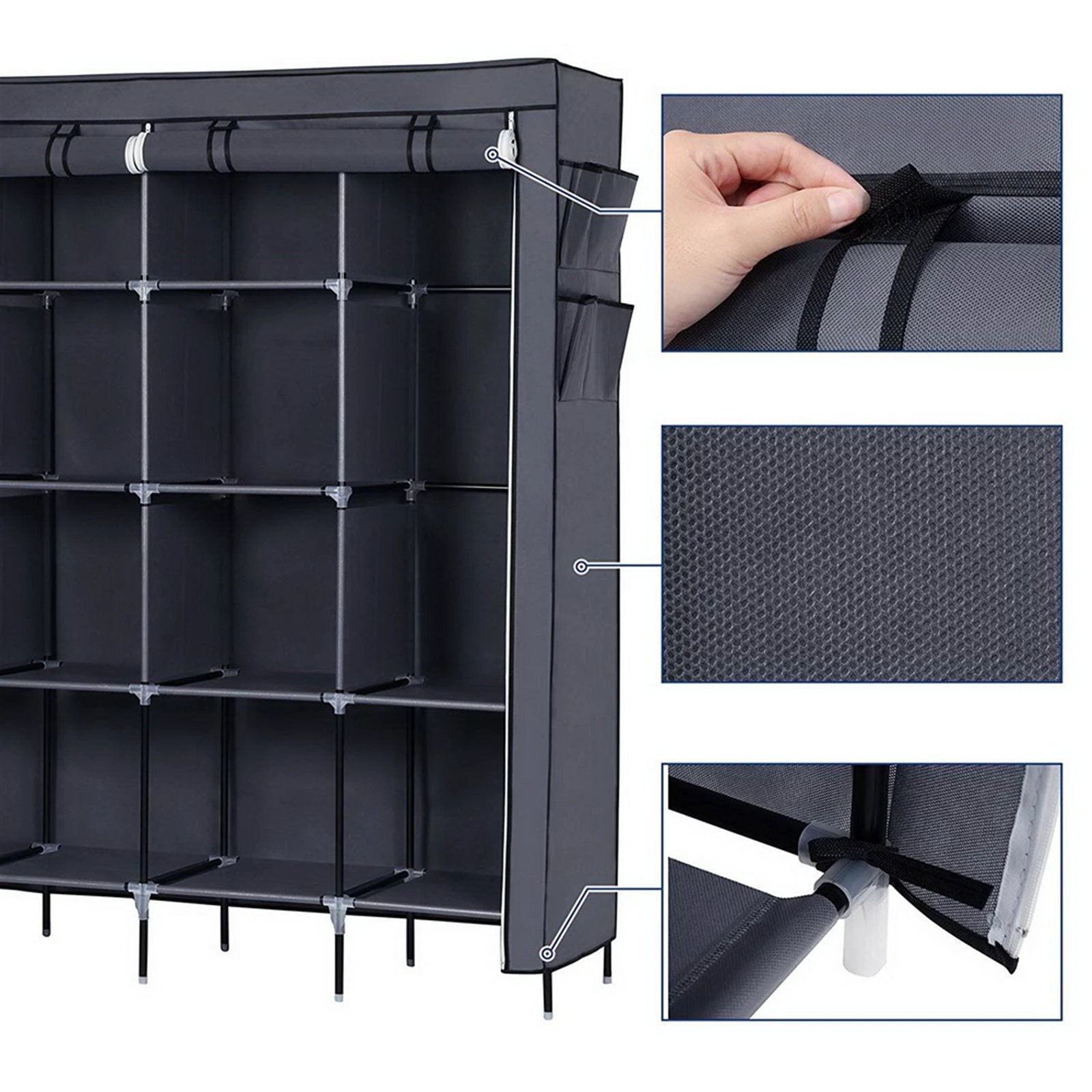 N/A 67" Clothes Closet Portable Wardrobe Clothes Storage Rack 12 Shelves 4 Side Pockets Gray -