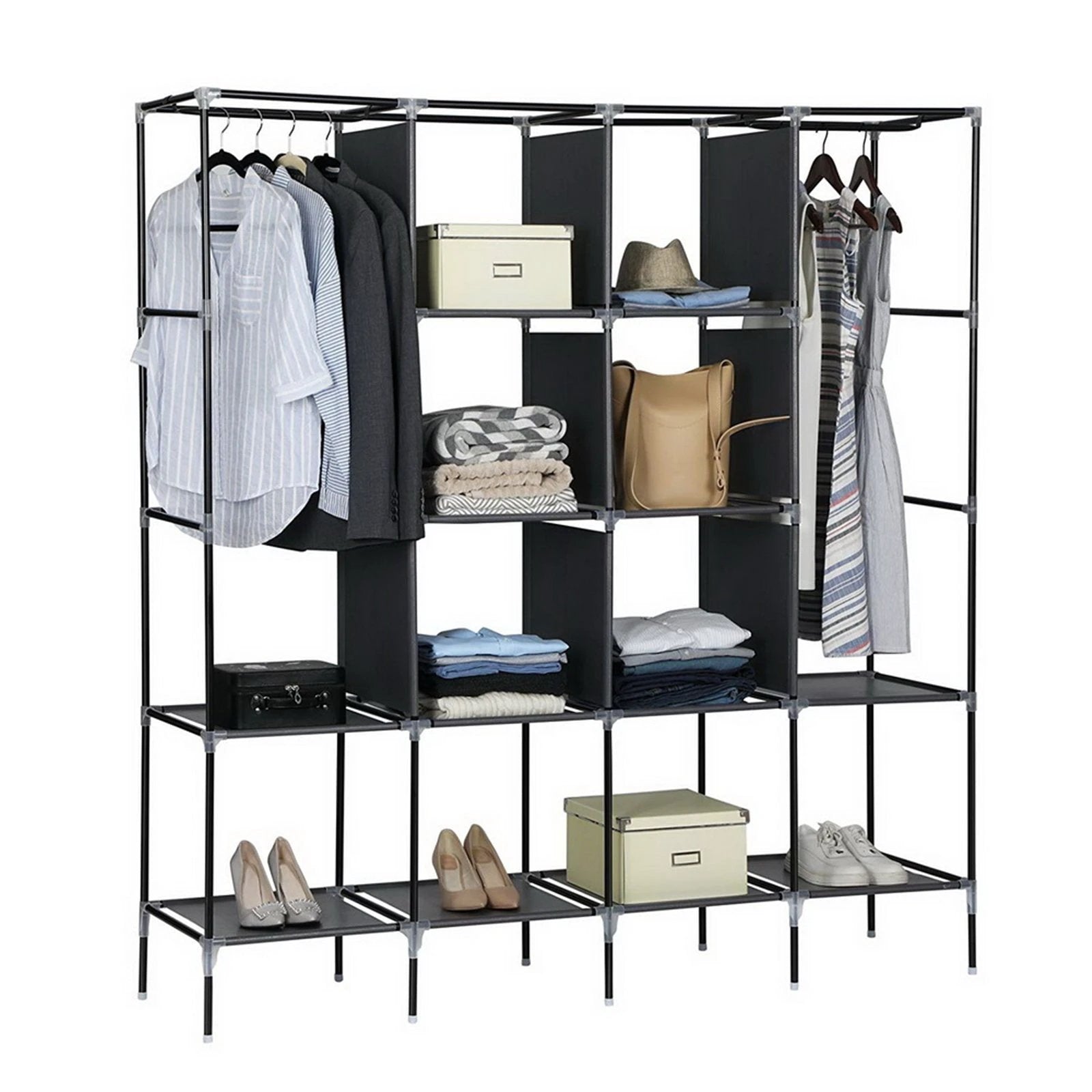 N/A 67" Clothes Closet Portable Wardrobe Clothes Storage Rack 12 Shelves 4 Side Pockets Gray -