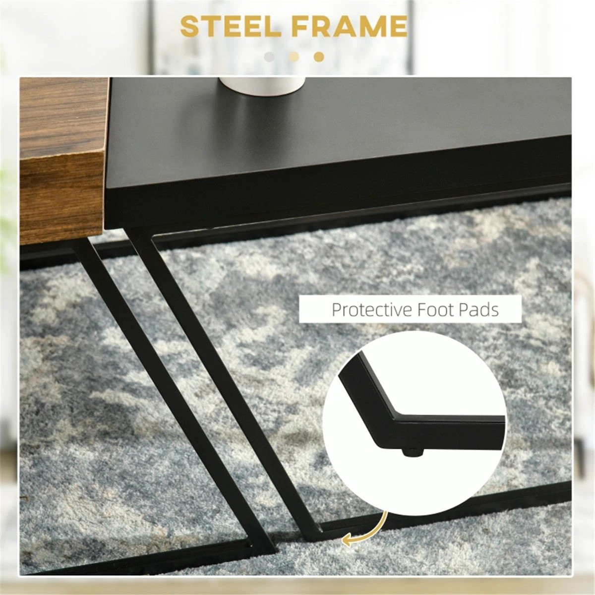 Industrial Coffee Table Set Dual Tables 2 in 1 Wood Effect Top With Black Metal Frame For Living Rooms by N/A