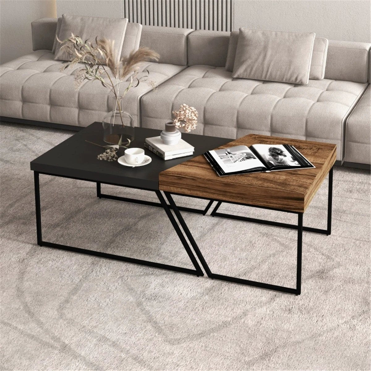 Industrial Coffee Table Set Dual Tables 2 in 1 Wood Effect Top With Black Metal Frame For Living Rooms by N/A