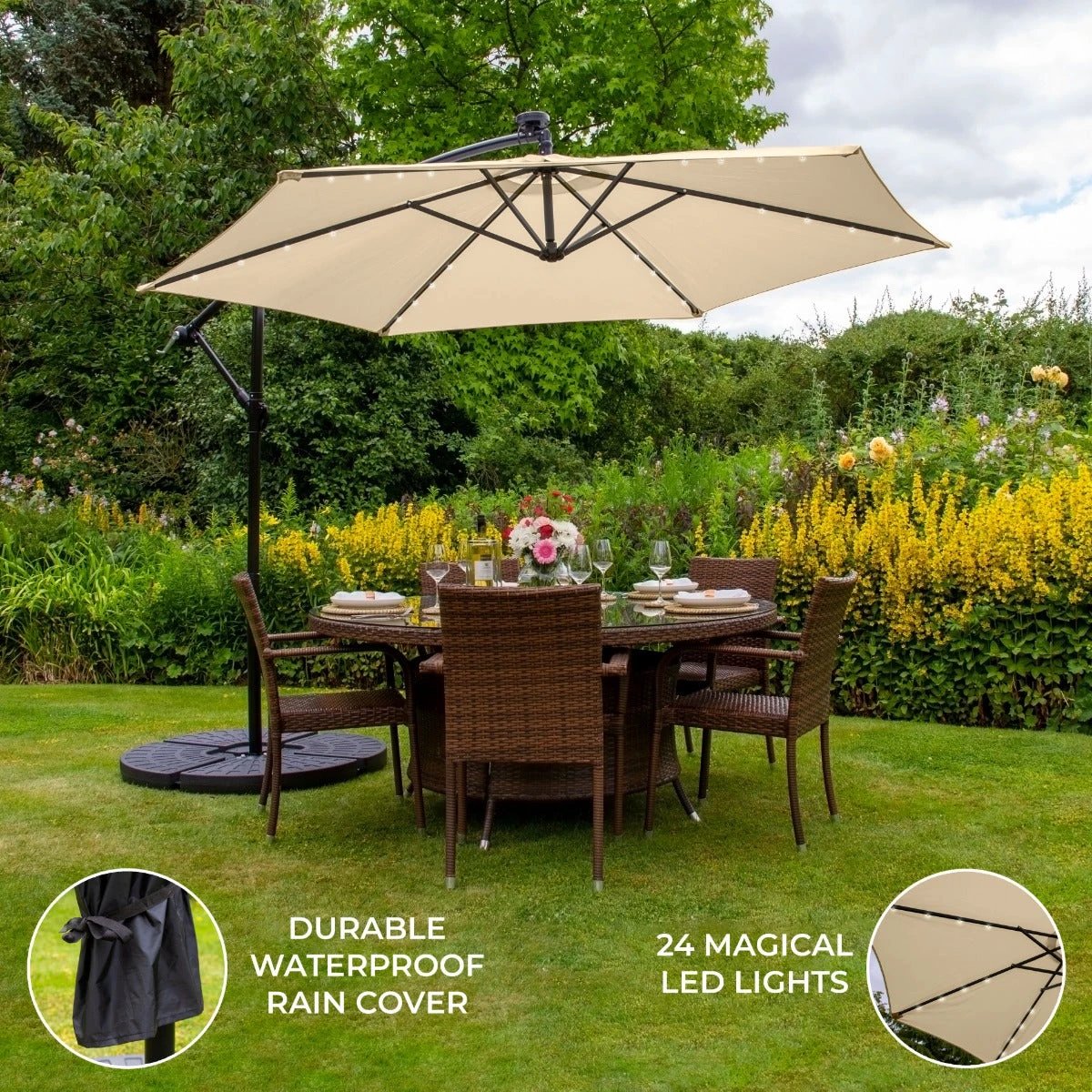 Monster Shop Premium LED Cantilever Parasol 3m with Base Patio - Uncategorized Parasol