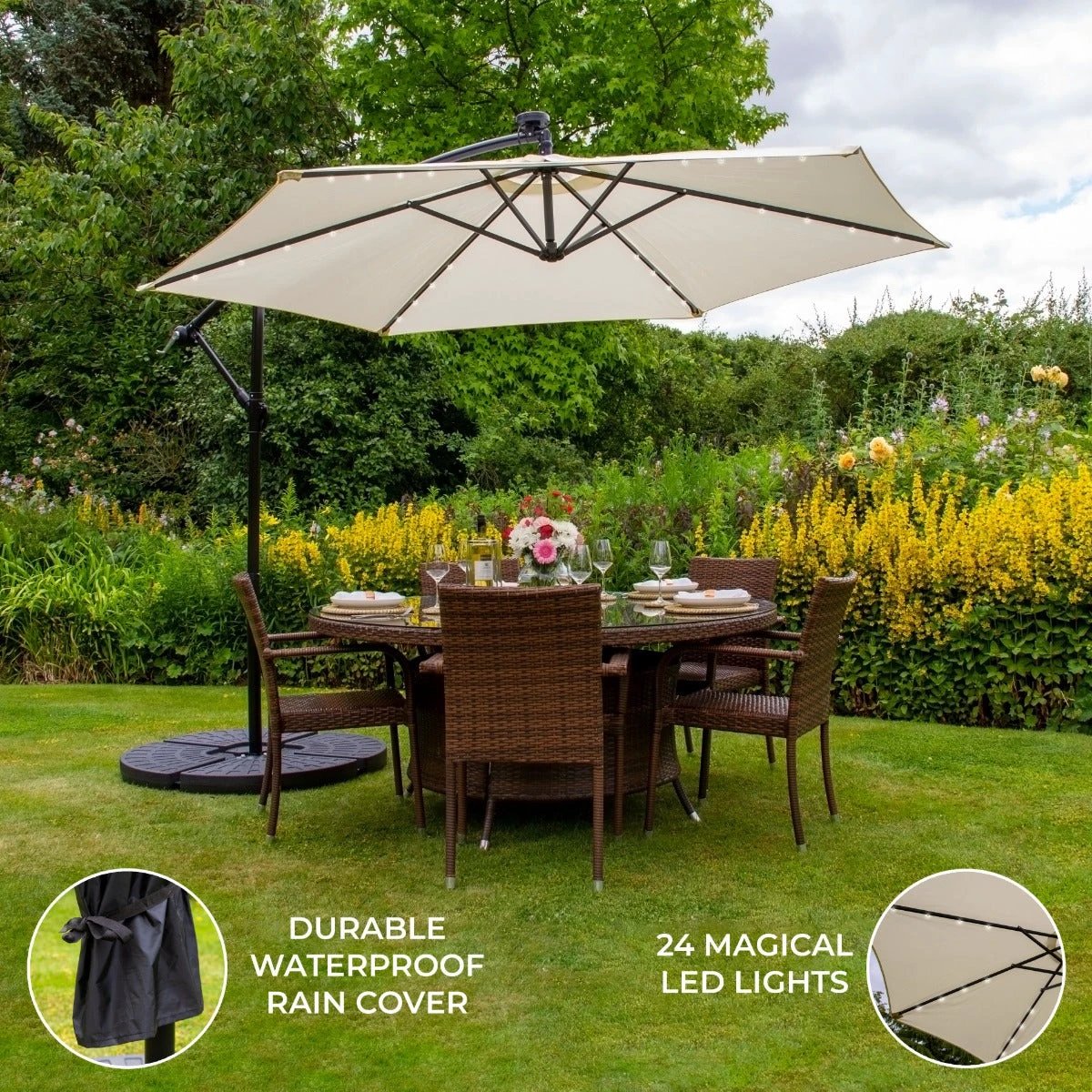 Monster Shop Cream Cantilever Parasol 3m LED Fan Base Garden - Uncategorized Parasol