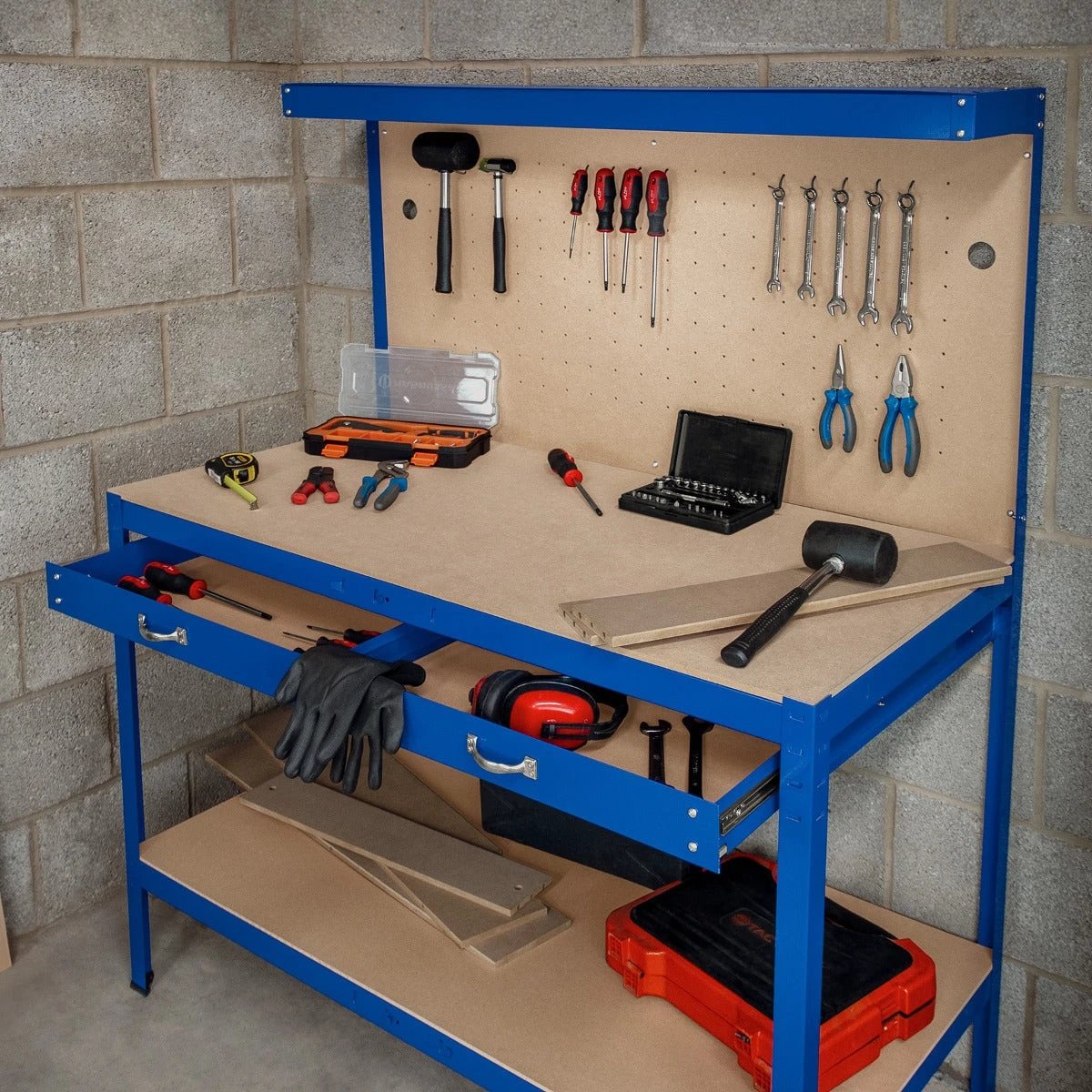 Monster Shop Workbench with Pegboard, Drawer & Light – Blue -