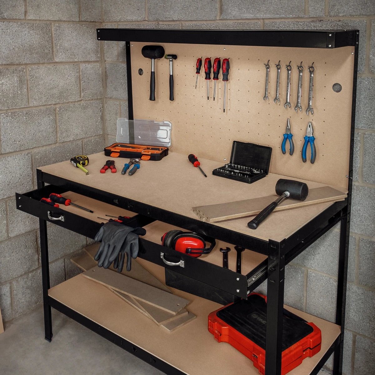 Workbench with Pegboard, Drawer & Light – Black by Monster Shop