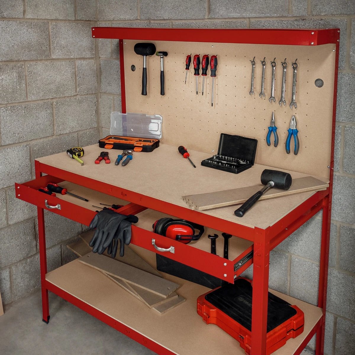 Monster Shop Workbench with Pegboard, Drawer & Light – Red -