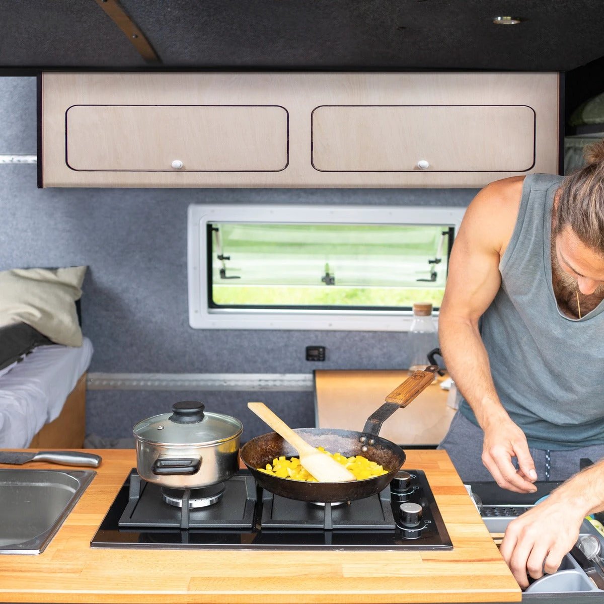 Overhead Camper Cabinet With Black Trim – 120cm x 25cm x 25cm by Monster Shop