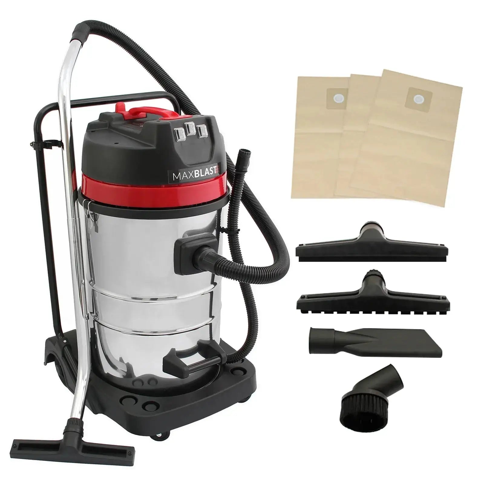 Monster Shop 80L Industrial Vacuum, 4 Attachments & 3 Hoover Bags -