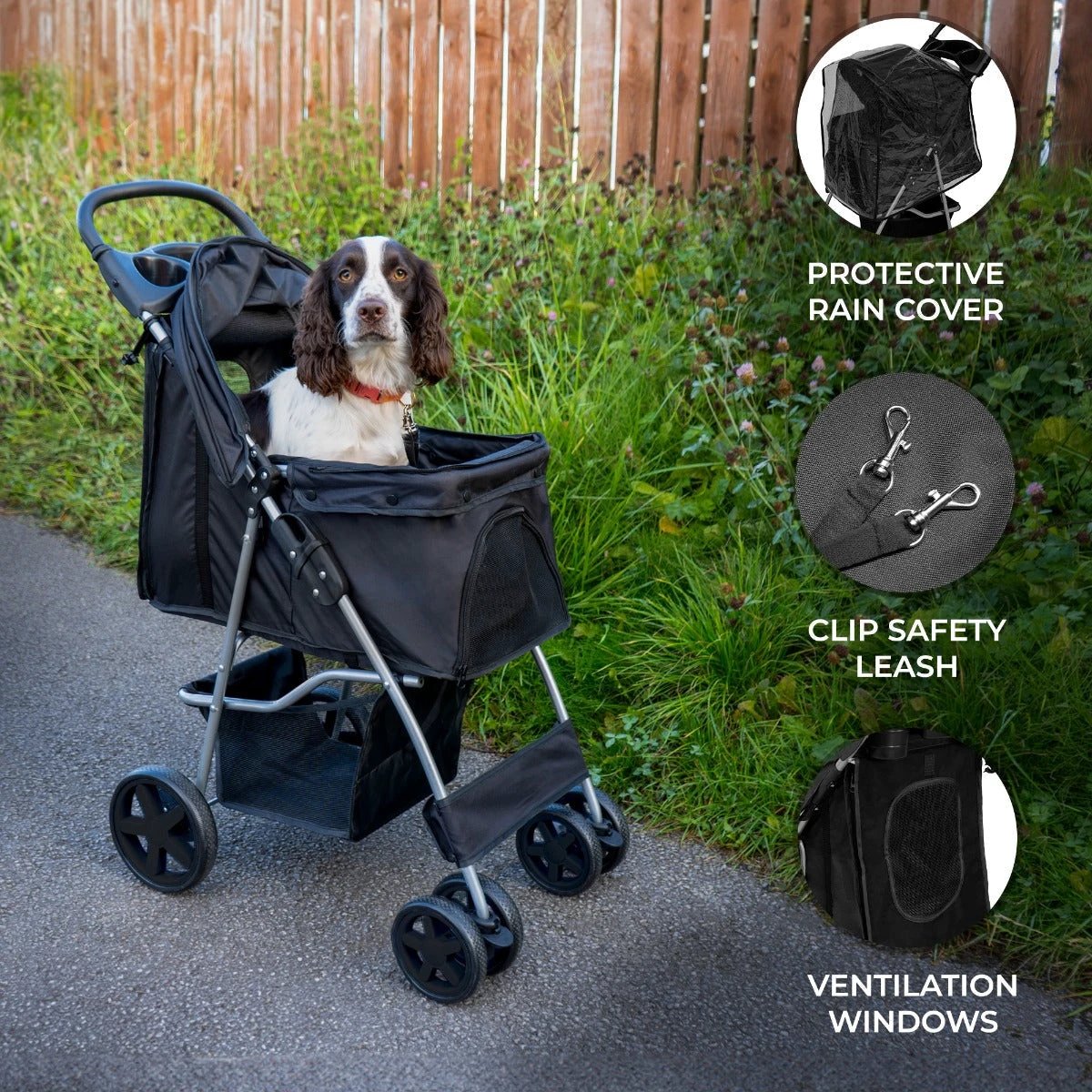Monster Shop Pet Stroller with Rain Cover – Black -