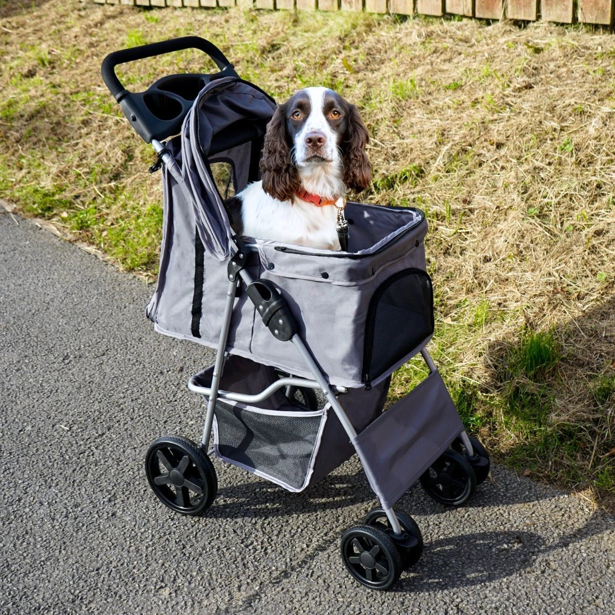 Pet Stroller with Rain Cover – Grey by Monster Shop
