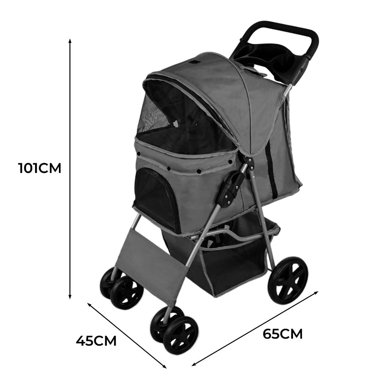 Pet Stroller with Rain Cover – Grey by Monster Shop