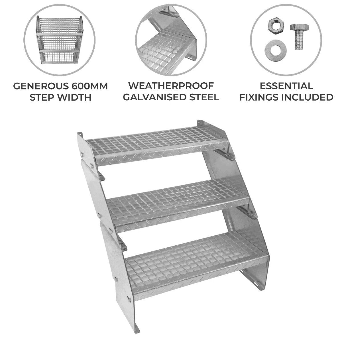 Adjustable 3 Section Galvanised Staircase - 600mm Wide by Monster Shop