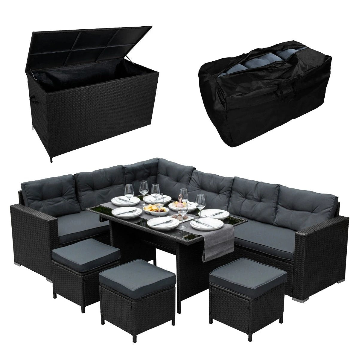 Rattan Corner Set & Storage Box - Black by Monster Shop