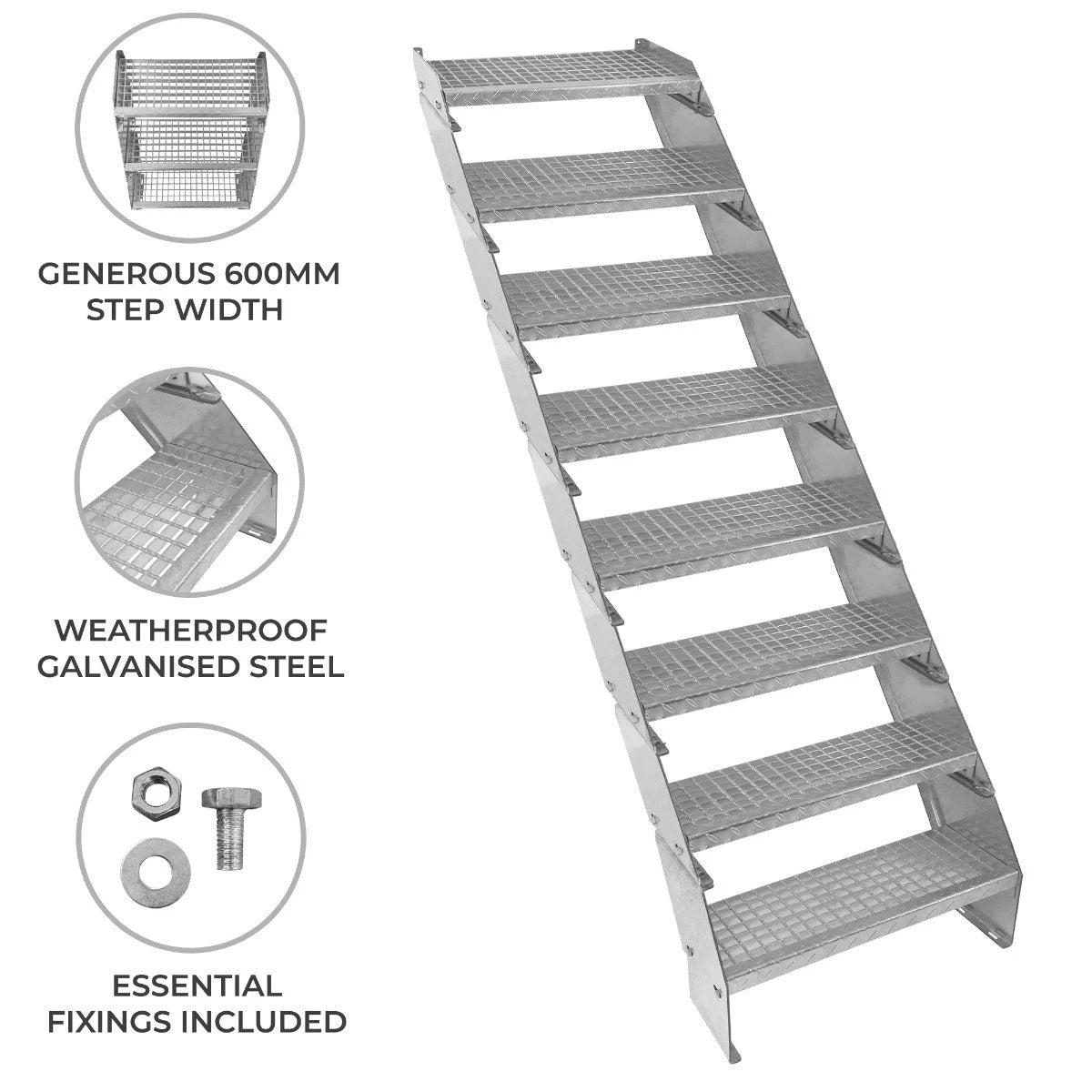 Monster Shop Adjustable 8 Section Galvanised Staircase - 600mm Wide -