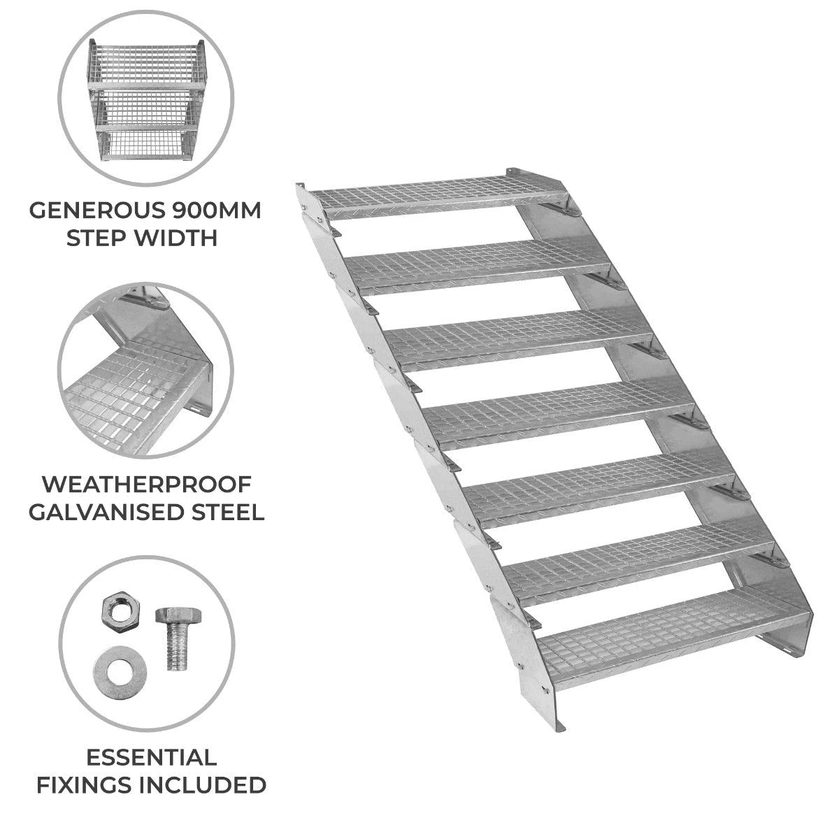 Monster Shop Adjustable 7 Section Galvanised Staircase - 900mm Wide -