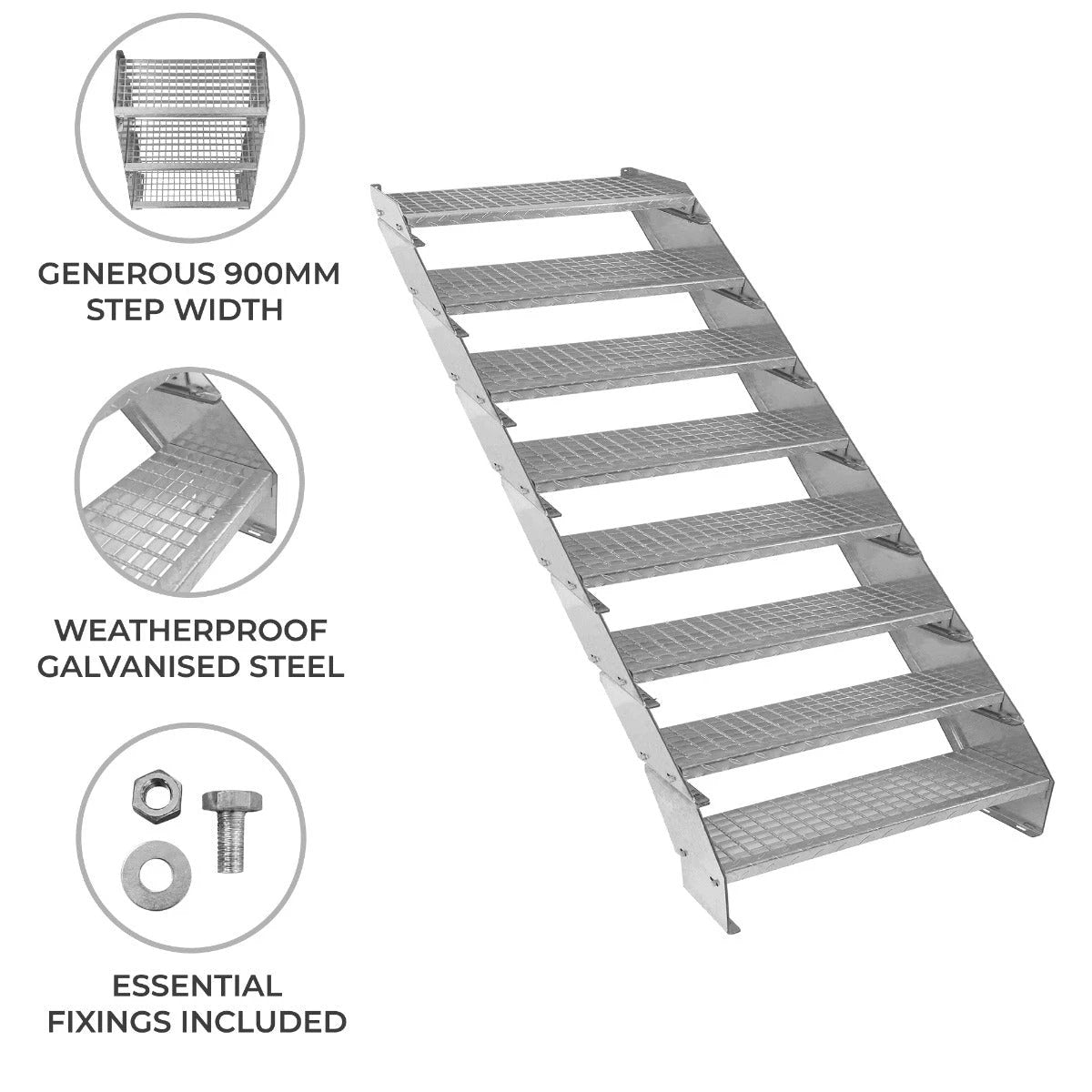 Monster Shop Adjustable 8 Section Galvanised Staircase - 900mm Wide -